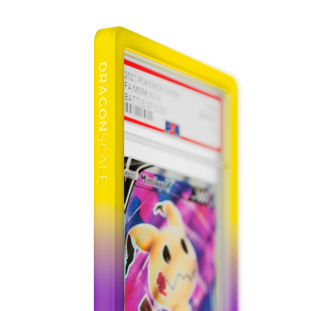 Close up logo zoom view of a PSA slab in Gradient Flux Dragonscale bumper guard, featuring a Mimikyu V Battle Styles PSA 10 Pokemon card.