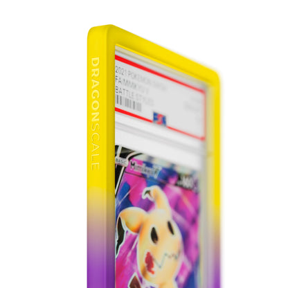 Close up logo zoom view of a PSA slab in Gradient Flux Dragonscale bumper guard, featuring a Mimikyu V Battle Styles PSA 10 Pokemon card.