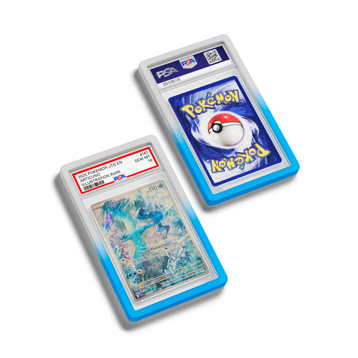 Top-down flat view of a PSA slab in Gradient Frost Dragonscale bumper guard, featuring a Articuno Journey Together PSA 10 Pokemon card.
