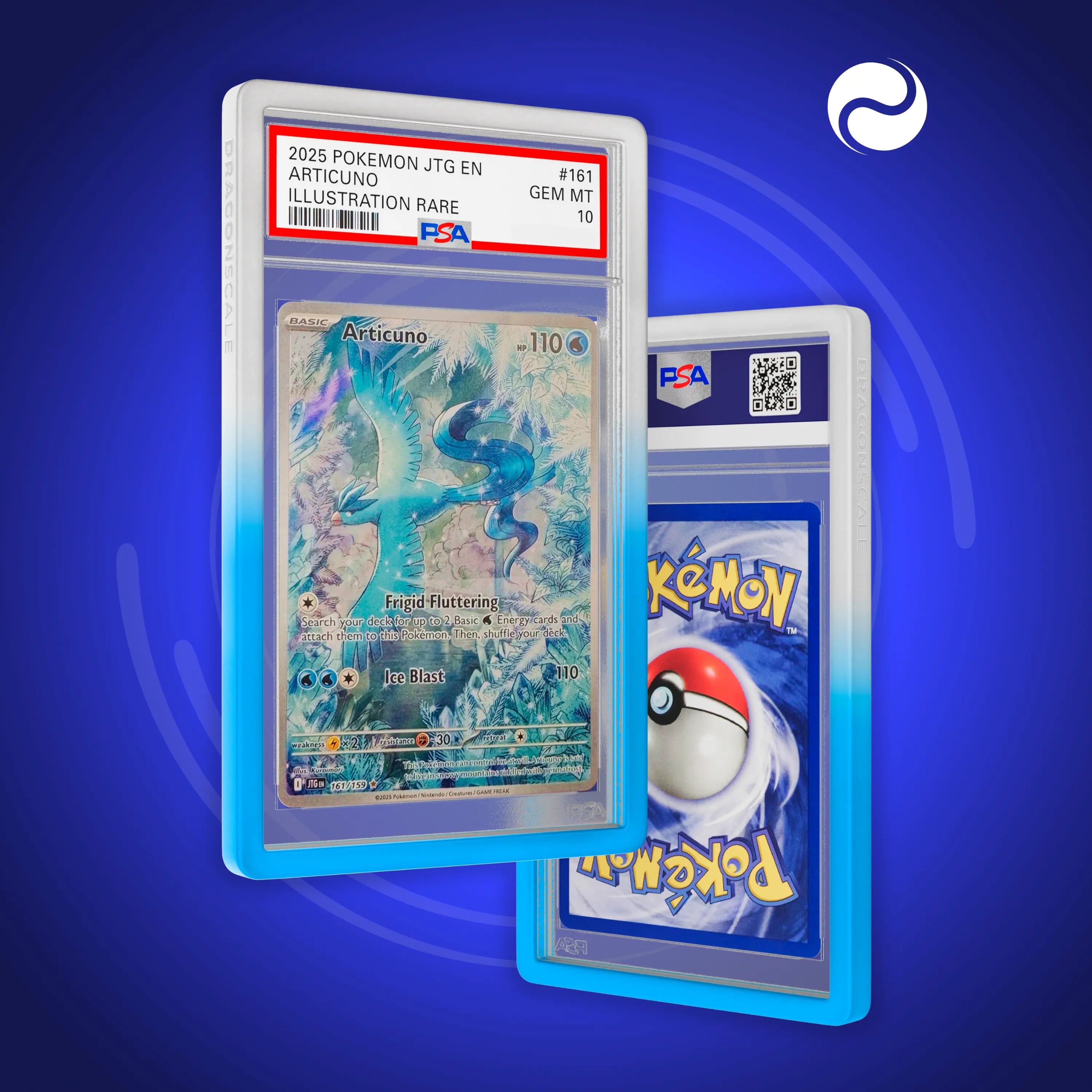 Front and back view of a PSA slab in Gradient Frost Dragonscale bumper guard,featuring a Articuno Journey Together PSA 10 Pokemon card.
