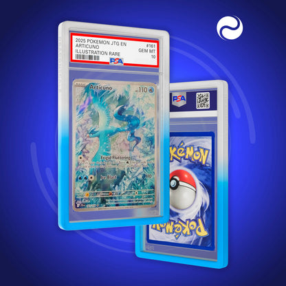Front and back view of a PSA slab in Gradient Frost Dragonscale bumper guard,featuring a Articuno Journey Together PSA 10 Pokemon card.
