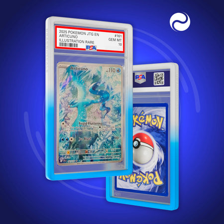 Front and back view of a PSA slab in Gradient Frost Dragonscale bumper guard,featuring a Articuno Journey Together PSA 10 Pokemon card.
