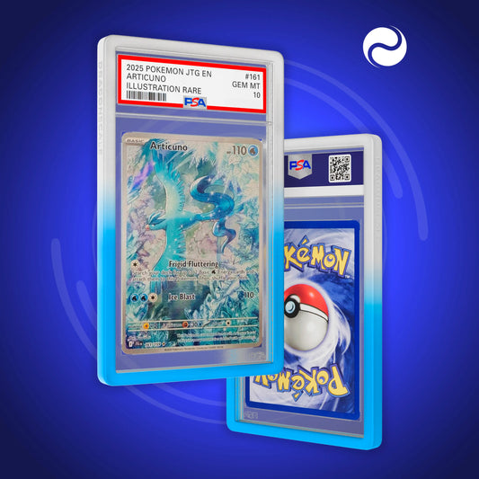 Front and back view of a PSA slab in Gradient Frost Dragonscale bumper guard,featuring a Articuno Journey Together PSA 10 Pokemon card.
