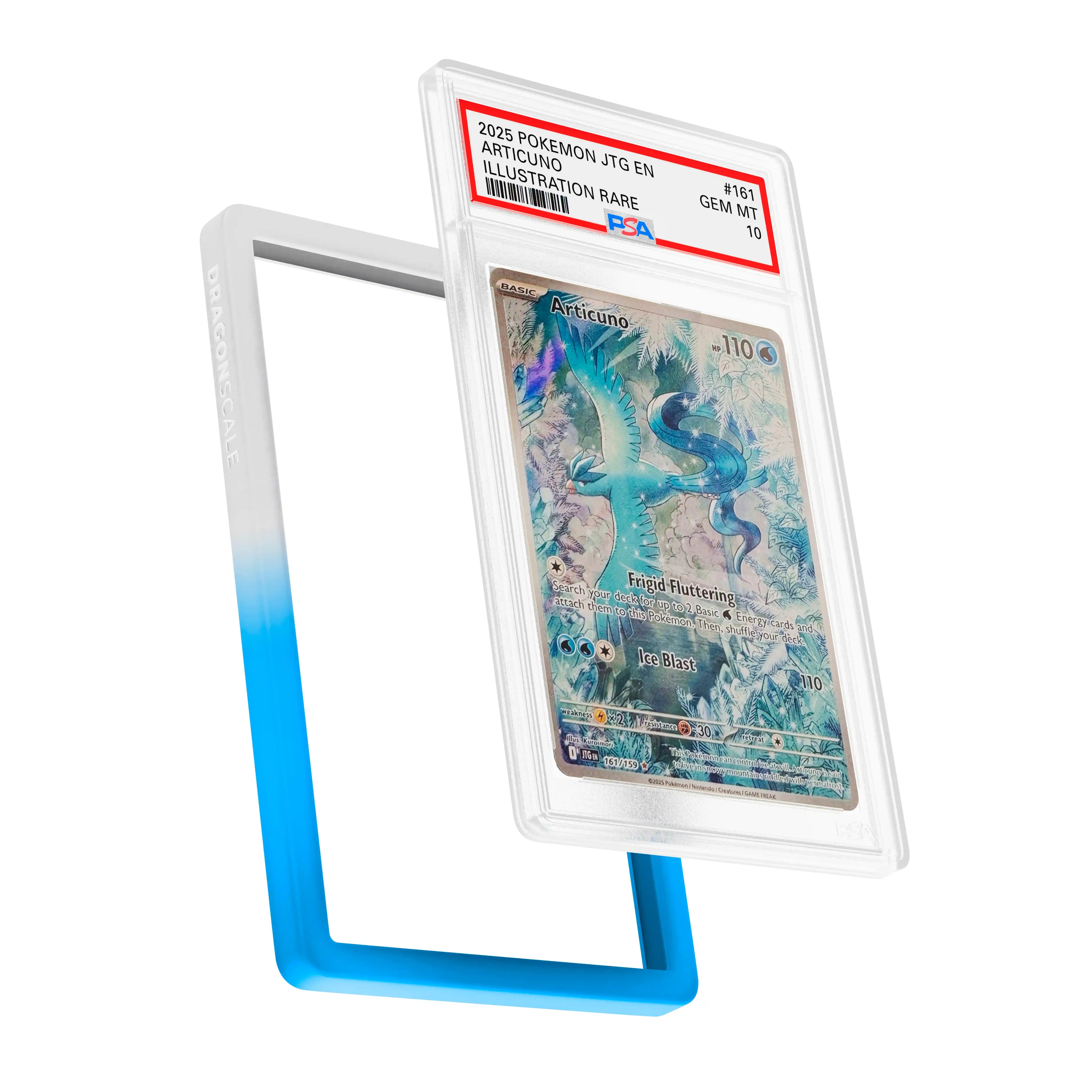 Display and demo view of a PSA slab in Gradient Frost Dragonscale bumper guard, featuring a Articuno Journey Together PSA 10 Pokemon card.
