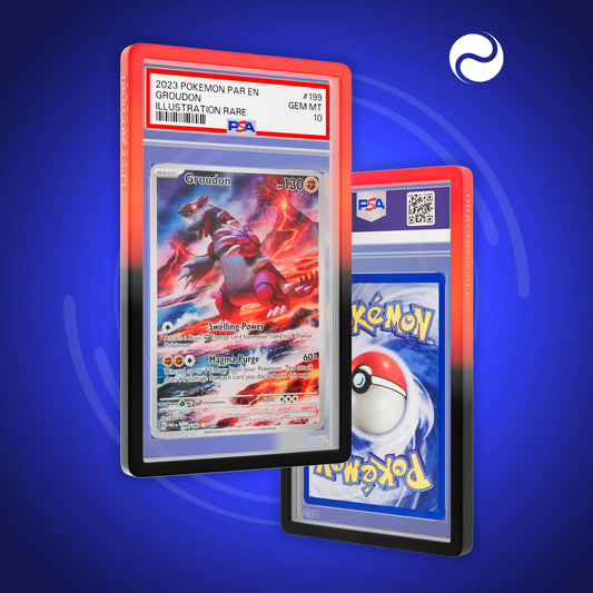 Front and back view of a PSA slab in Gradient Infernal Dragonscale bumper guard, featuring a Groudon Paradox Rift PSA 10 Pokemon card.