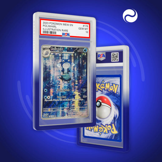 Front and back view of a PSA slab in Gradient Marine Dragonscale bumper guard,featuring a Poliwhirl 151 PSA 10 Pokemon card.
