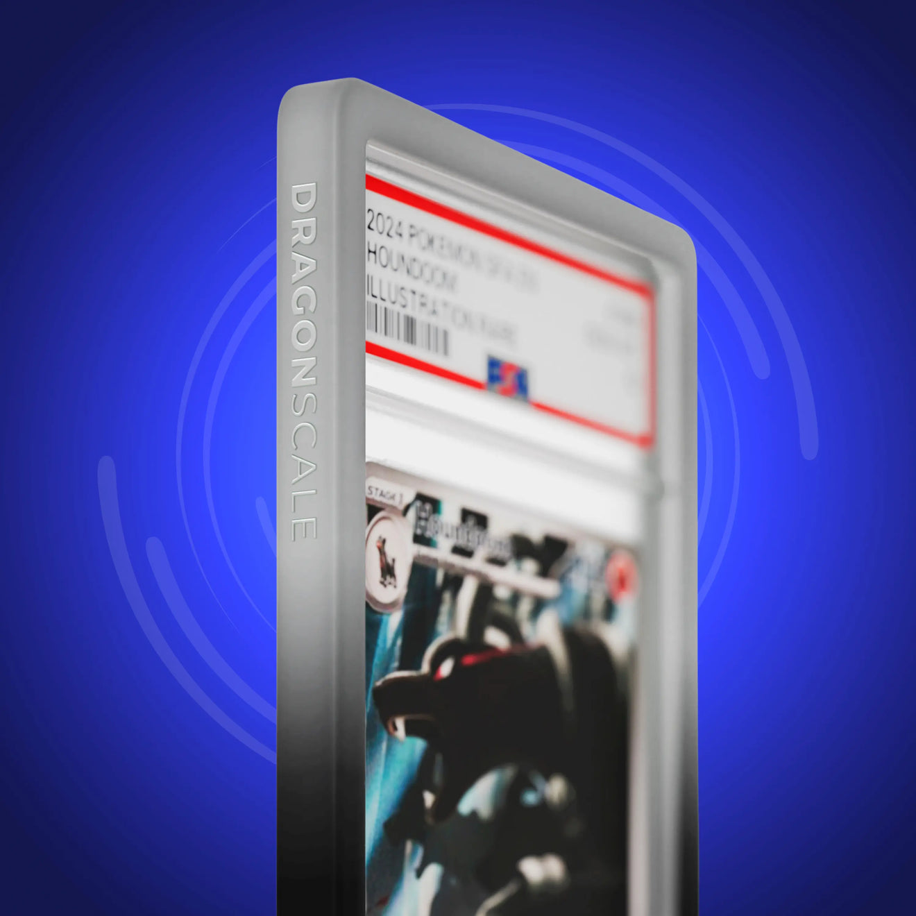 Close up logo zoom view of a PSA slab in Gradient Midnight Dragonscale bumper guard, featuring a Houndoom Shrouded Fable PSA 10 Pokemon card.