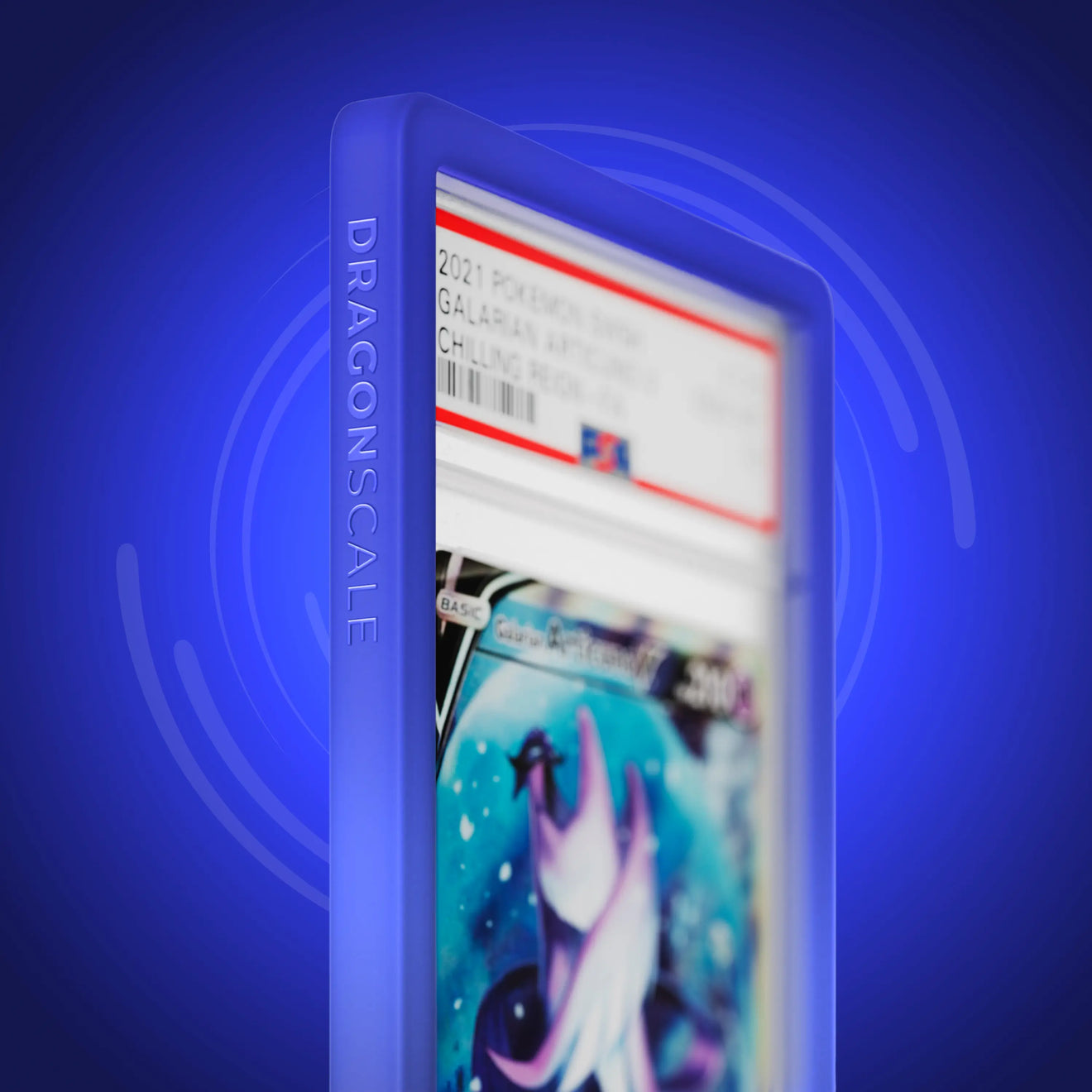 Close up logo zoom view of a PSA slab in Gradient Nocturnal Dragonscale bumper guard, featuring a Galarian Articuno Chilling Reign PSA 10 Pokemon card.