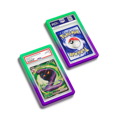 Top-down flat view of a PSA slab in Gradient Noxious Dragonscale bumper guard, featuring a Arbok Temporal Forces PSA 10 Pokemon card.