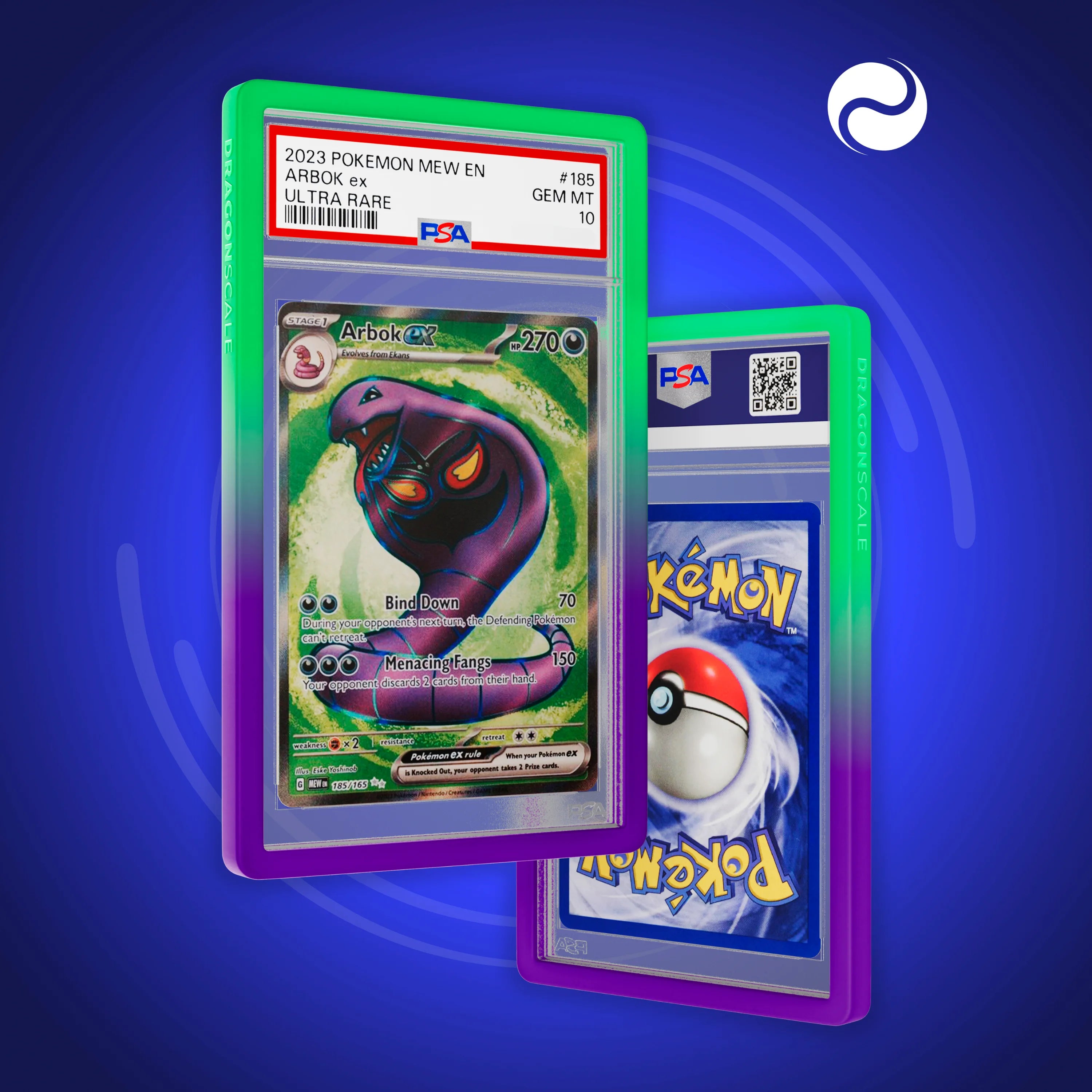 Front and back view of a PSA slab in Gradient Noxious Dragonscale bumper guard, featuring a Arbok Temporal Forces PSA 10 Pokemon card.