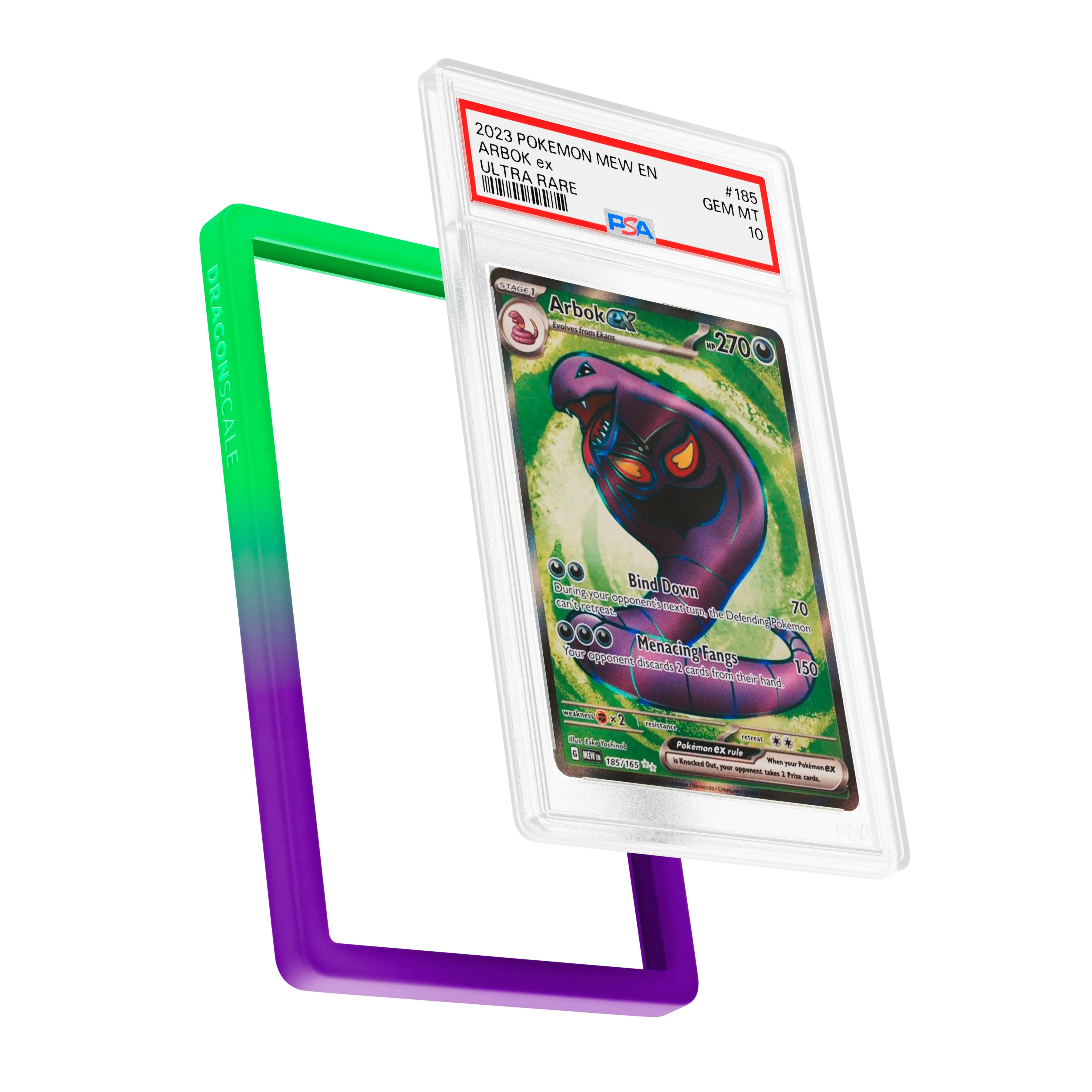 Display and demo view of a PSA slab in Gradient Noxious Dragonscale bumper guard, featuring a Arbok Temporal Forces PSA 10 Pokemon card.