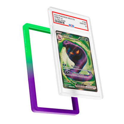 Display and demo view of a PSA slab in Gradient Noxious Dragonscale bumper guard, featuring a Arbok Temporal Forces PSA 10 Pokemon card.