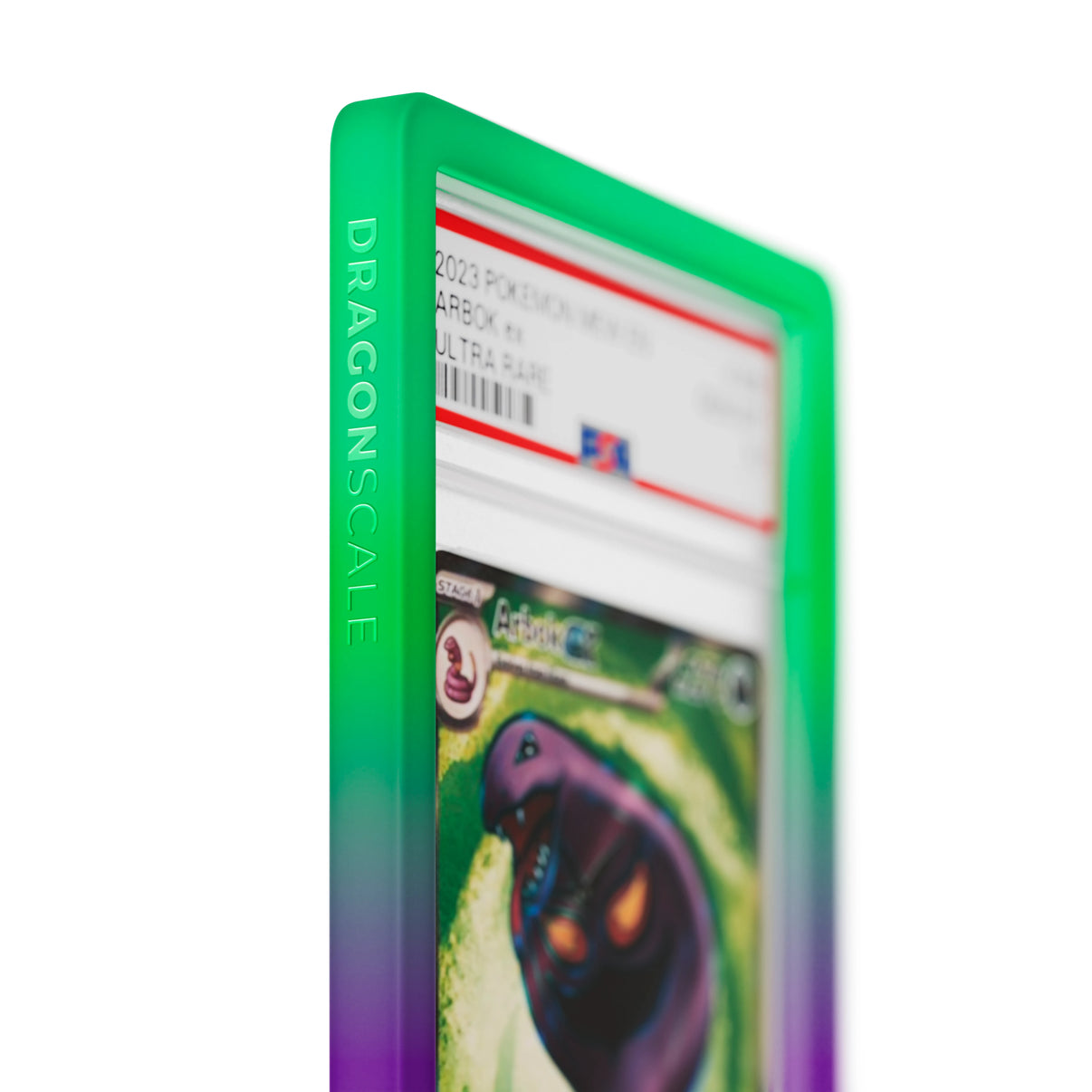 Close up logo zoom view of a PSA slab in Gradient Noxious Dragonscale bumper guard, featuring a Arbok Temporal Forces PSA 10 Pokemon card.