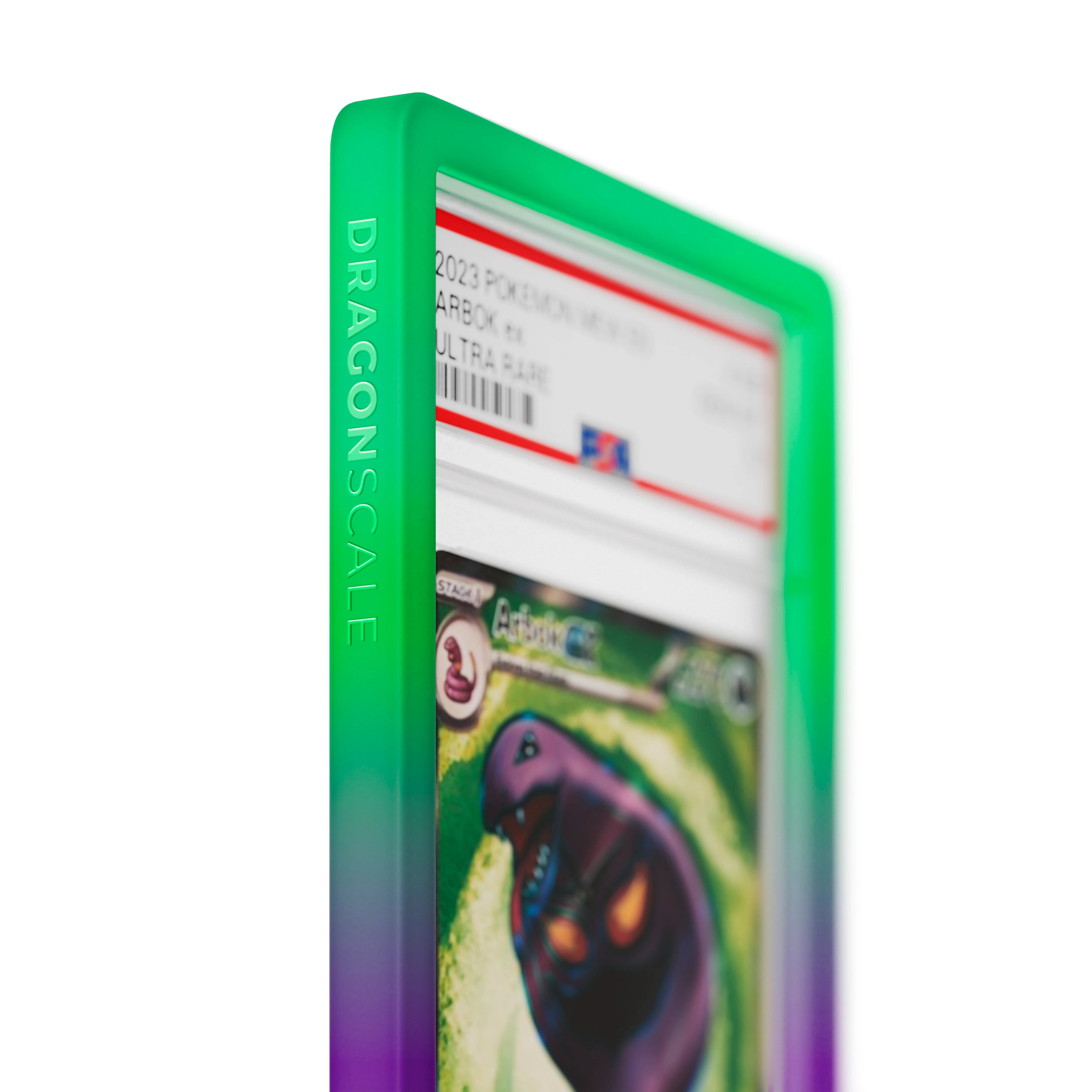 Close up logo zoom view of a PSA slab in Gradient Noxious Dragonscale bumper guard, featuring a Arbok Temporal Forces PSA 10 Pokemon card.