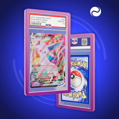 Front and back view of a PSA slab in Gradient Phantom Dragonscale bumper guard, featuring a Espeon VMAX Evolving Skies PSA 10 Pokemon card.