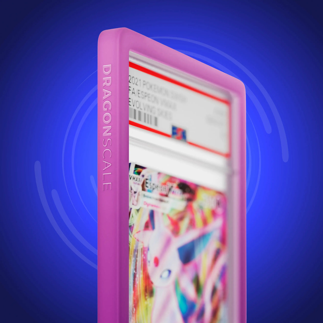 Close up logo zoom view of a PSA slab in Gradient Phantom Dragonscale bumper guard, featuring a Espeon VMAX Evolving Skies PSA 10 Pokemon card.