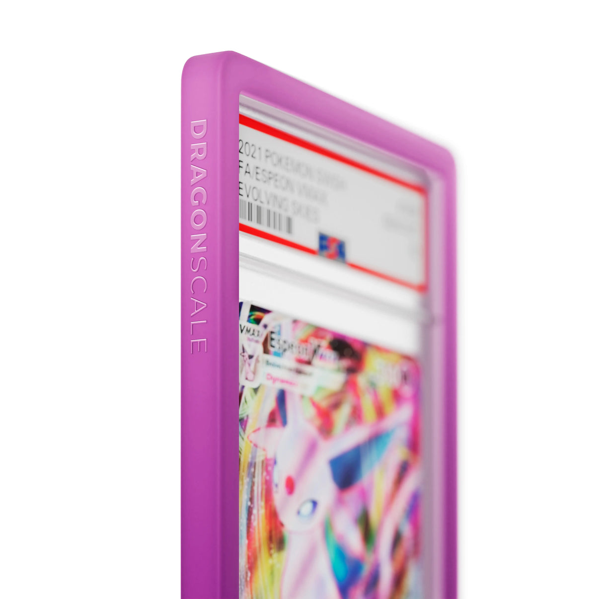 Close up logo zoom view of a PSA slab in Gradient Phantom Dragonscale bumper guard, featuring a Espeon VMAX Evolving Skies PSA 10 Pokemon card.