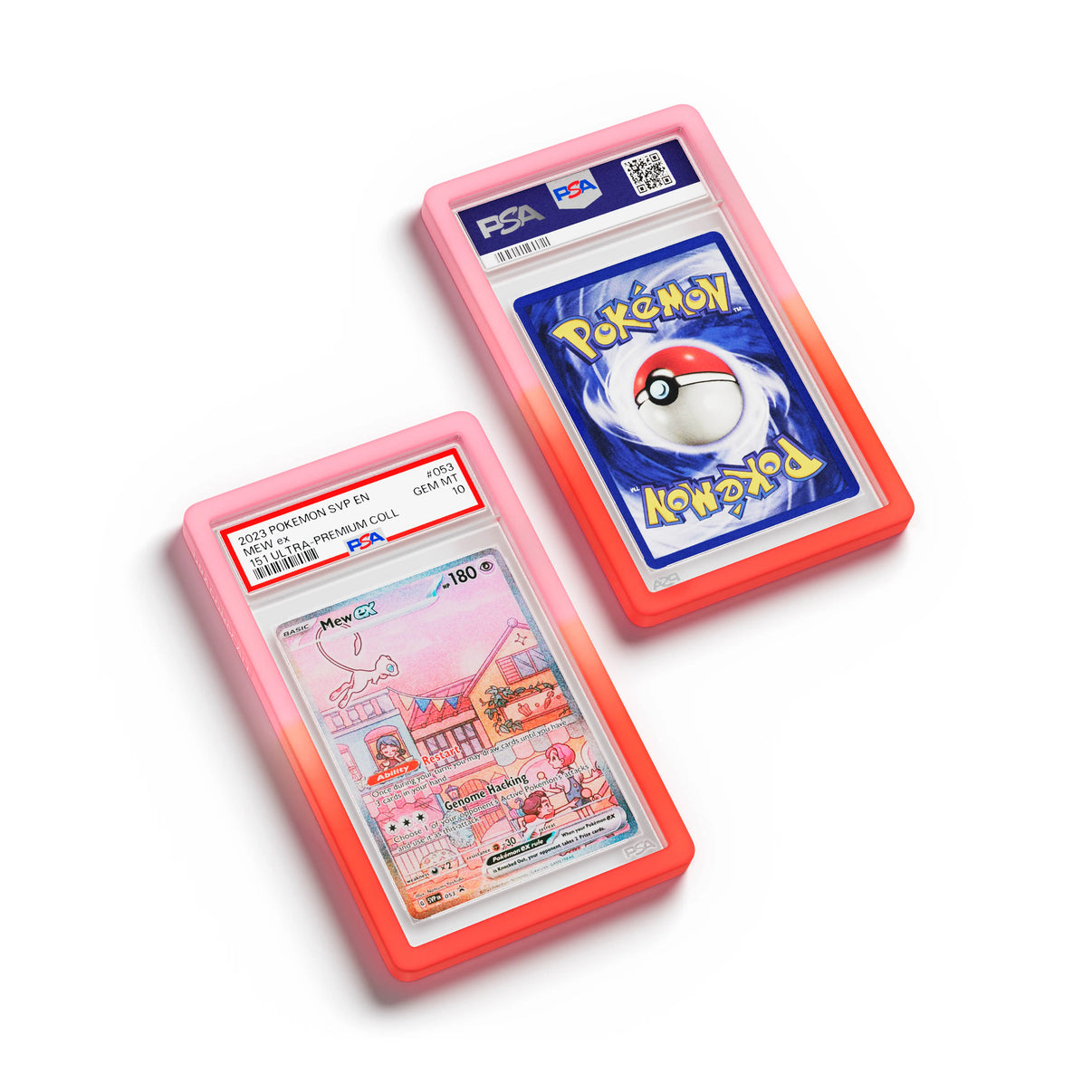 Top-down flat view of a PSA slab in Gradient Phoenix Dragonscale bumper guard, featuring a Mew EX Scarlet & Violet 151 PSA 10 Pokemon card.