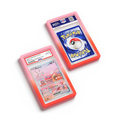 Top-down flat view of a PSA slab in Gradient Phoenix Dragonscale bumper guard, featuring a Mew EX Scarlet & Violet 151 PSA 10 Pokemon card.