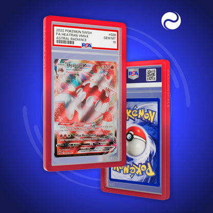 Front and back view of a PSA slab in Gradient Pyro Dragonscale bumper guard, featuring a Heatran VMAX Astral Radiance PSA 10 Pokemon card.