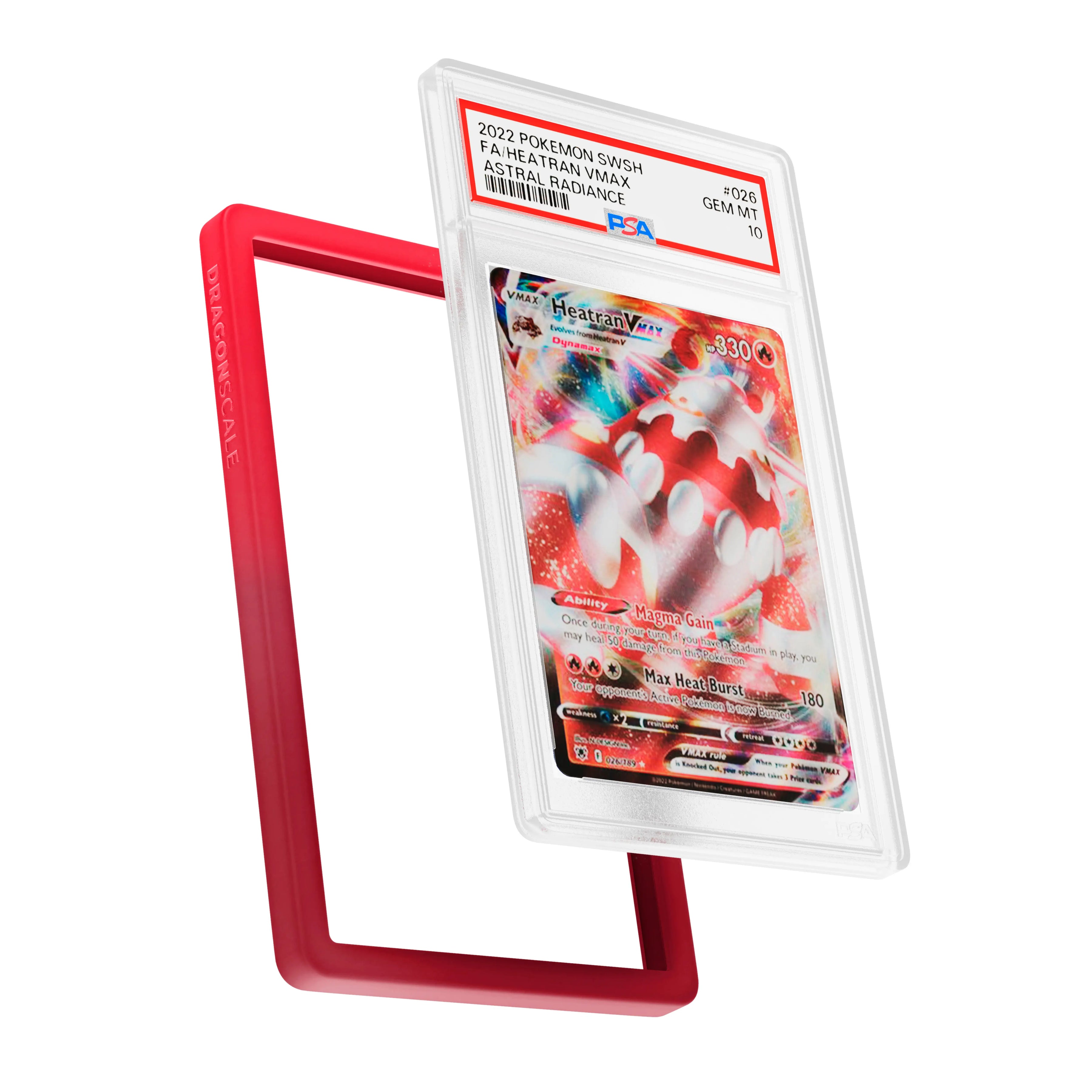 Display and demo view of a PSA slab in Gradient Pyro Dragonscale bumper guard, featuring a Heatran VMAX Astral Radiance PSA 10 Pokemon card.