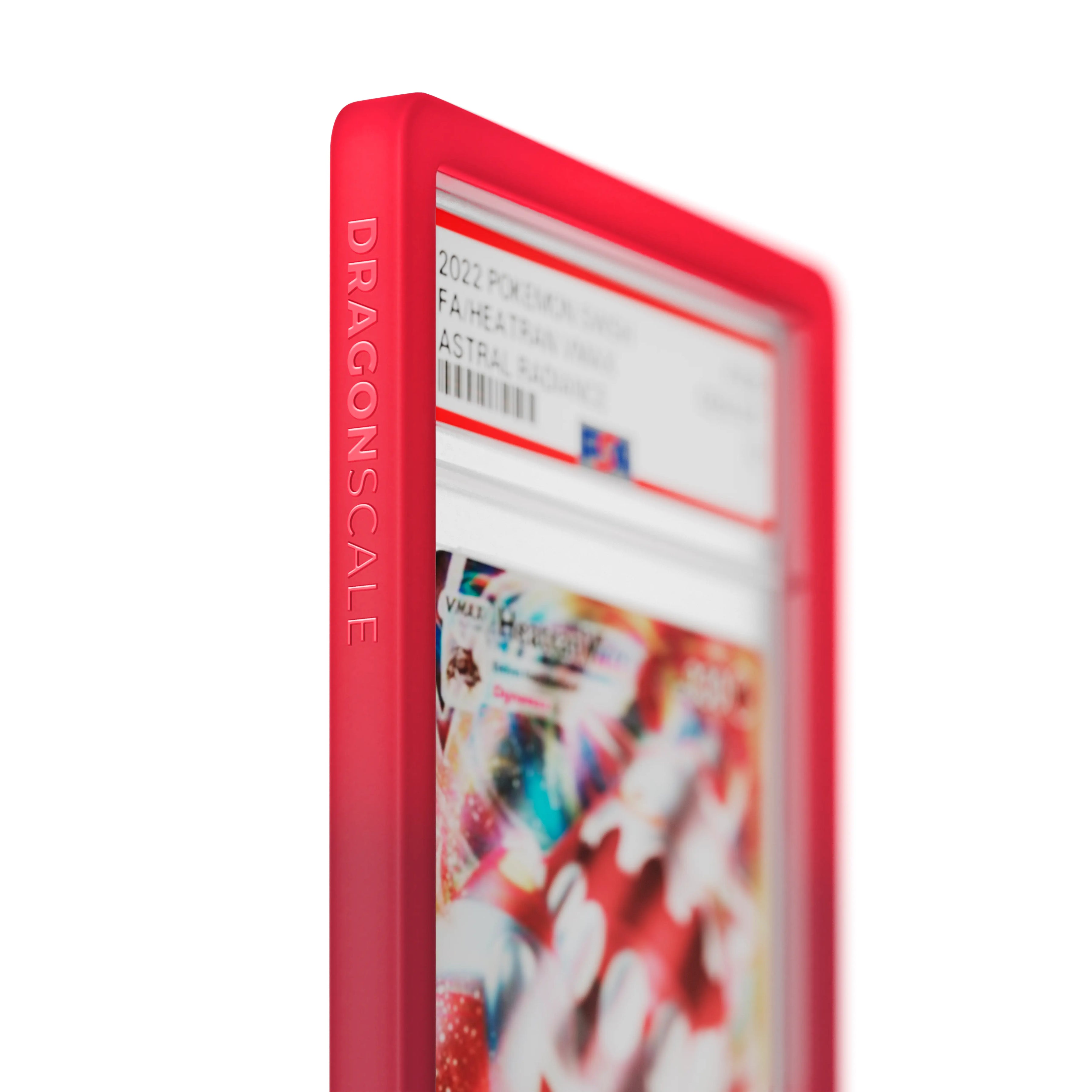 Close up logo zoom view of a PSA slab in Gradient Pyro Dragonscale bumper guard, featuring a Heatran VMAX Astral Radiance PSA 10 Pokemon card.