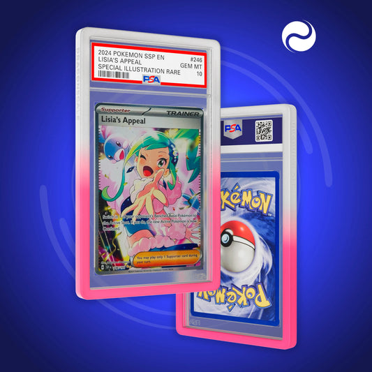 Front and back view of a PSA slab in Gradient Rose Dragonscale bumper guard,featuring a Lisia’s Appeal Surging Sparks PSA 10 Pokemon card.
