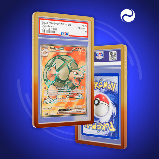 Front and back view of a PSA slab in Gradient Sandstorm Dragonscale bumper guard, featuring a Golem EX Scarlet & Violet 151 PSA 10 Pokemon card.