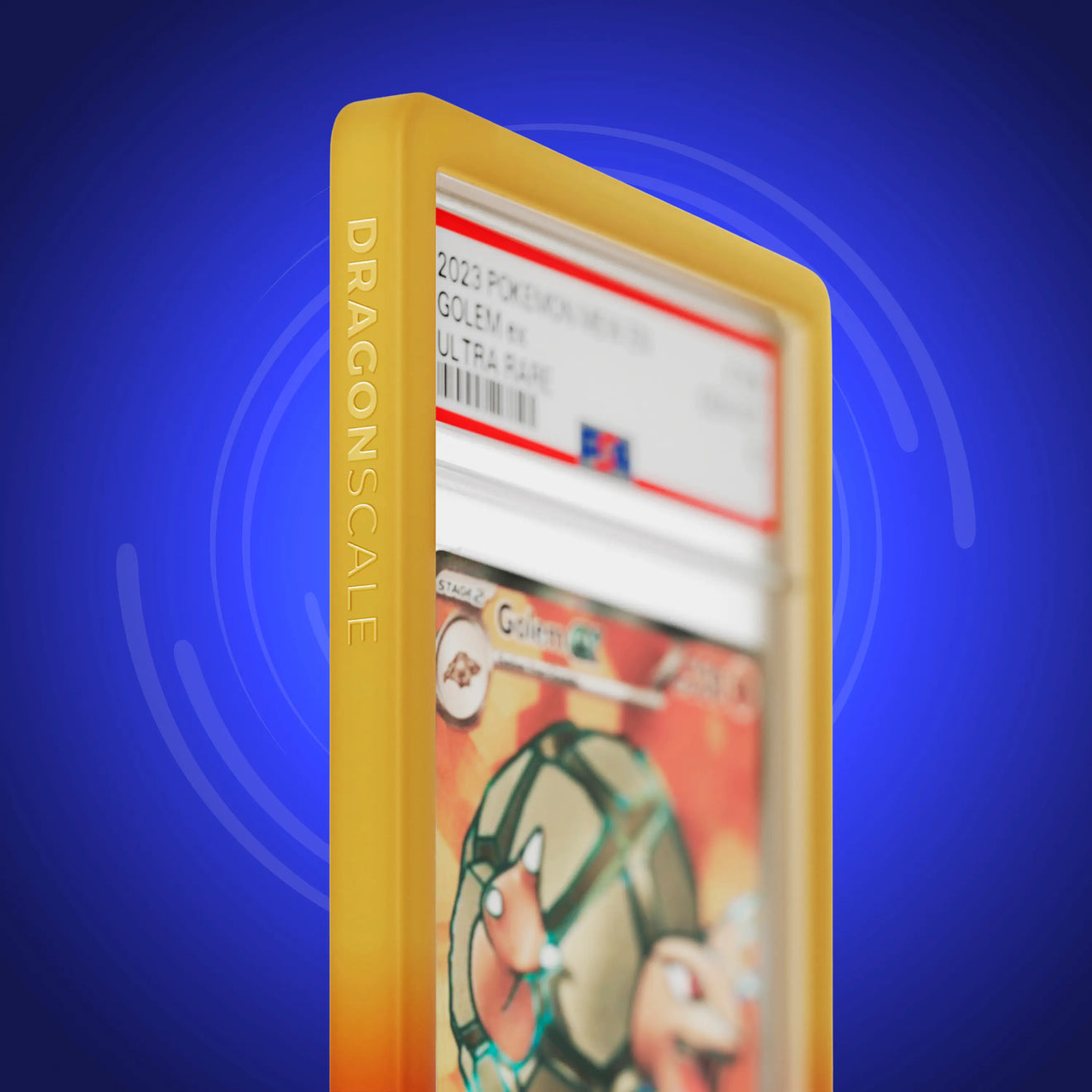 Close up logo zoom view of a PSA slab in Gradient Sandstorm Dragonscale bumper guard, featuring a Golem EX Scarlet & Violet 151 PSA 10 Pokemon card.