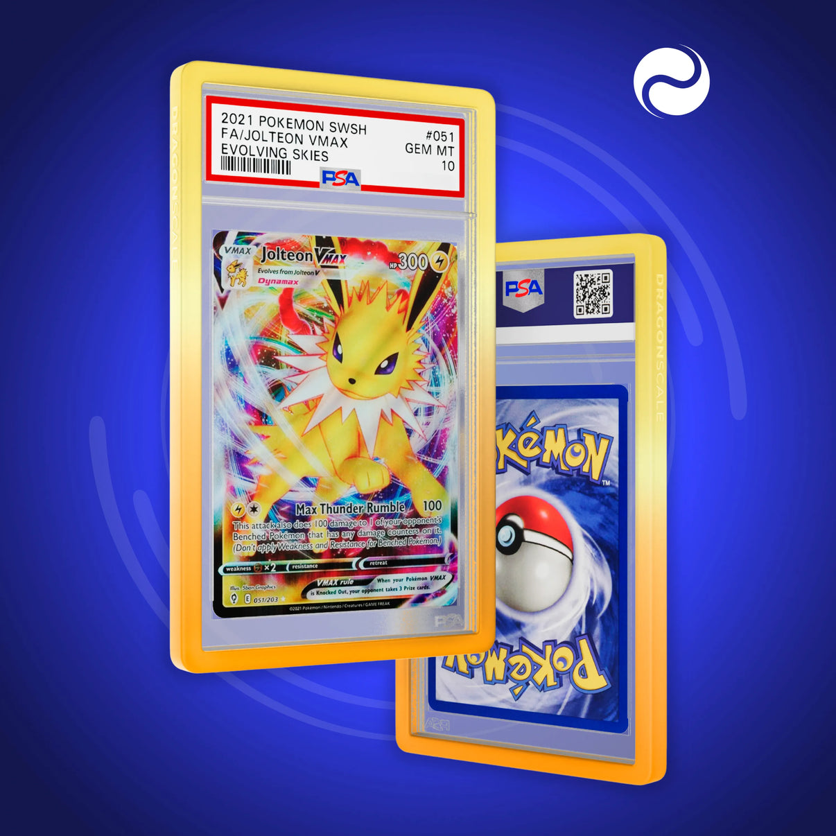 Front and back view of a PSA slab in Gradient Solar Dragonscale bumper guard, featuring a Jolteon VMAX Evolving Skies PSA 10 Pokemon card.