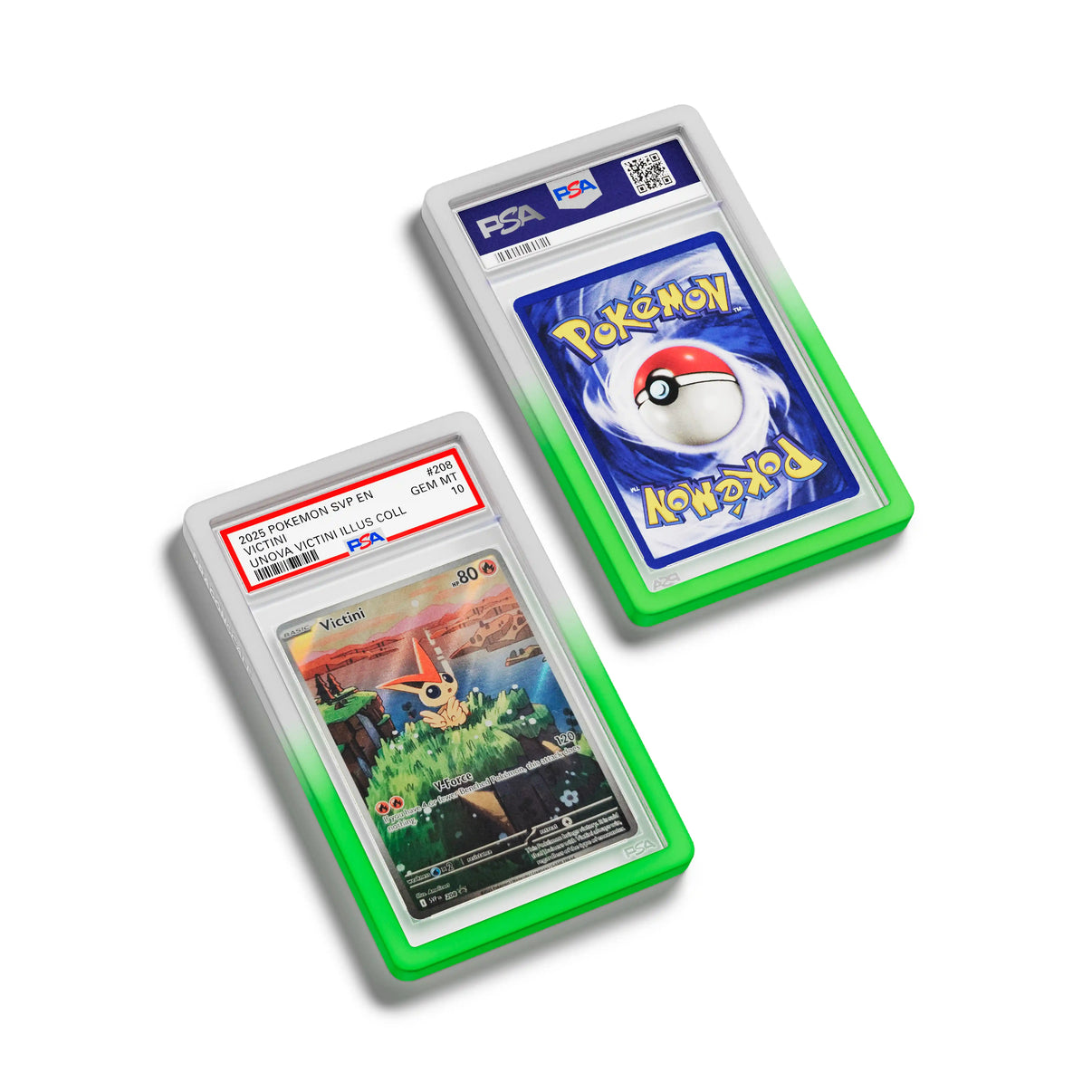 Top-down flat view of a PSA slab in Gradient Sylvan Dragonscale bumper guard, featuring a Victini B&W PSA 10 Pokemon card.
