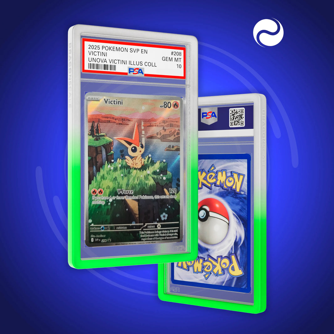 Front and back view of a PSA slab in Gradient Sylvan Dragonscale bumper guard,featuring a Victini B&W PSA 10 Pokemon card.
