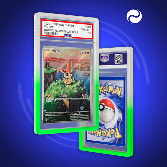Front and back view of a PSA slab in Gradient Sylvan Dragonscale bumper guard,featuring a Victini B&W PSA 10 Pokemon card.
