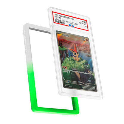 Display and demo view of a PSA slab in Gradient Sylvan Dragonscale bumper guard, featuring a Victini B&W PSA 10 Pokemon card.
