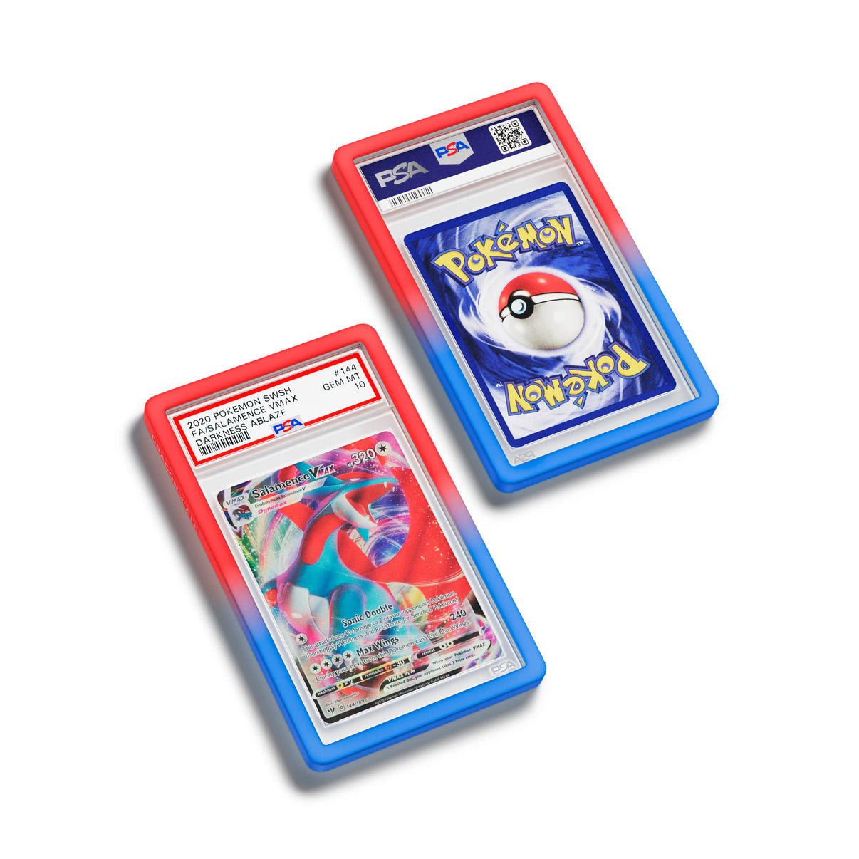 Top-down flat view of a PSA slab in Gradient Tempest Dragonscale bumper guard, featuring a Salamance VMAX Darkness Ablaze PSA 10 Pokemon card.