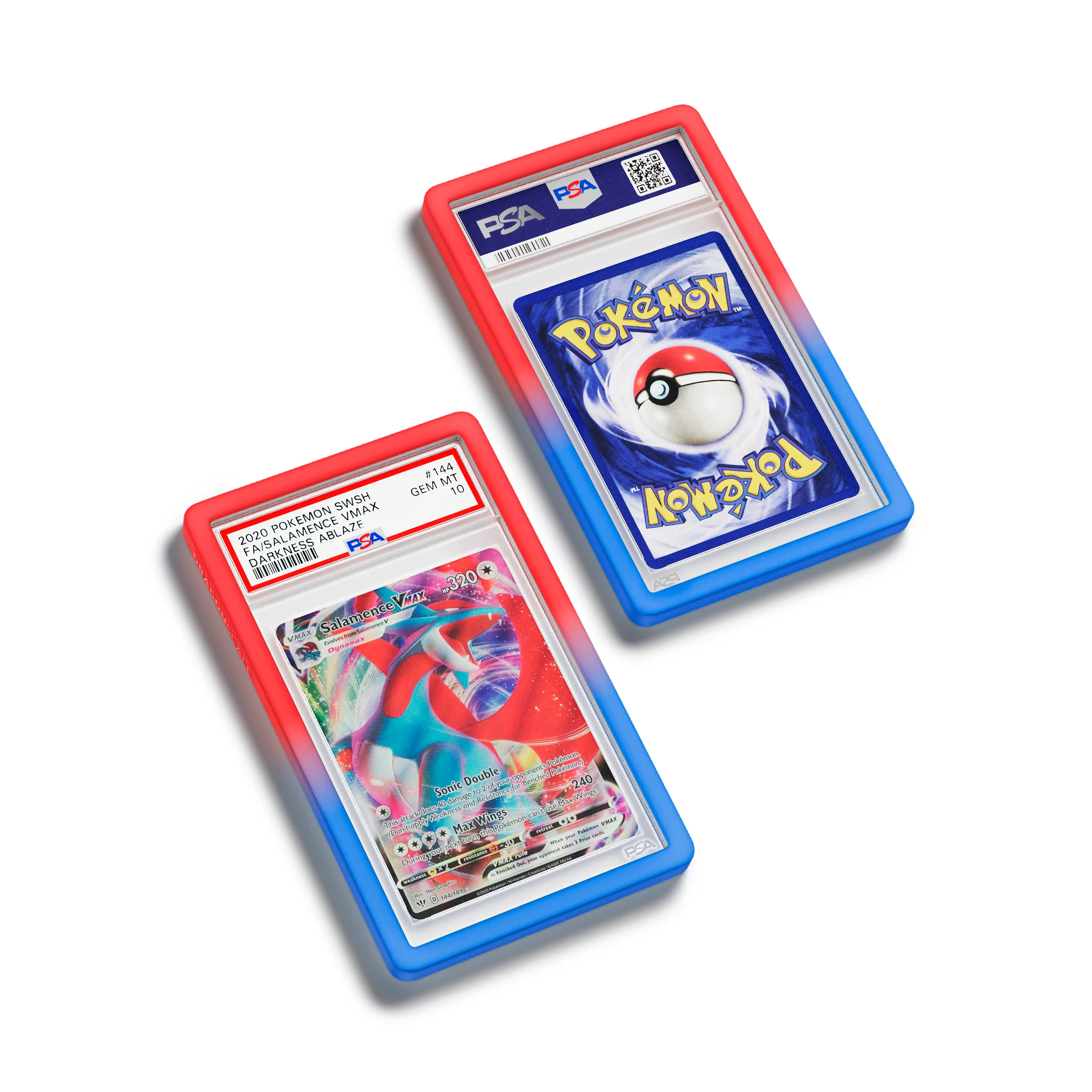 Top-down flat view of a PSA slab in Gradient Tempest Dragonscale bumper guard, featuring a Salamance VMAX Darkness Ablaze PSA 10 Pokemon card.