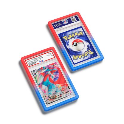 Top-down flat view of a PSA slab in Gradient Tempest Dragonscale bumper guard, featuring a Salamance VMAX Darkness Ablaze PSA 10 Pokemon card.