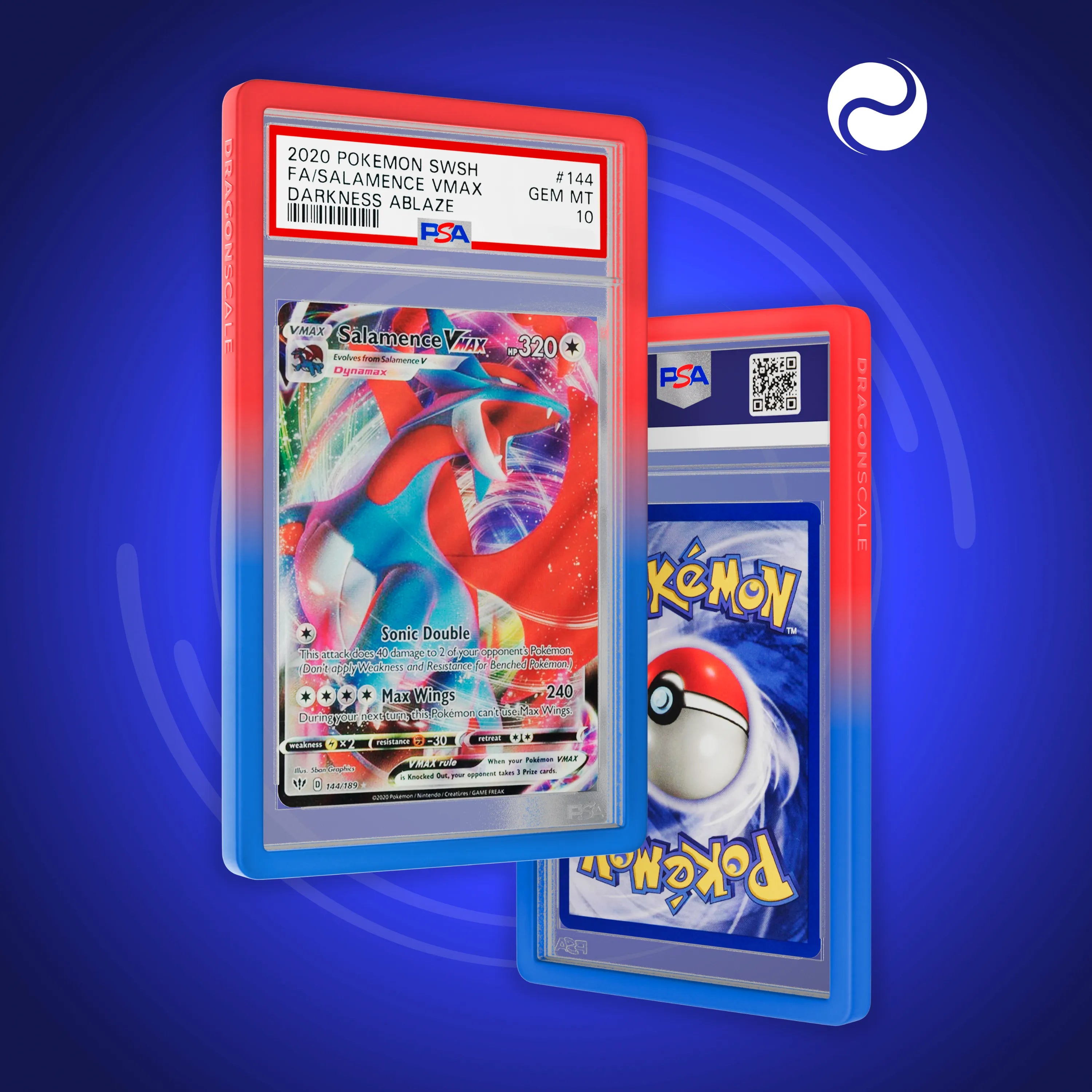 Front and back view of a PSA slab in Gradient Tempest Dragonscale bumper guard,featuring a Salamance VMAX Darkness Ablaze PSA 10 Pokemon card.
