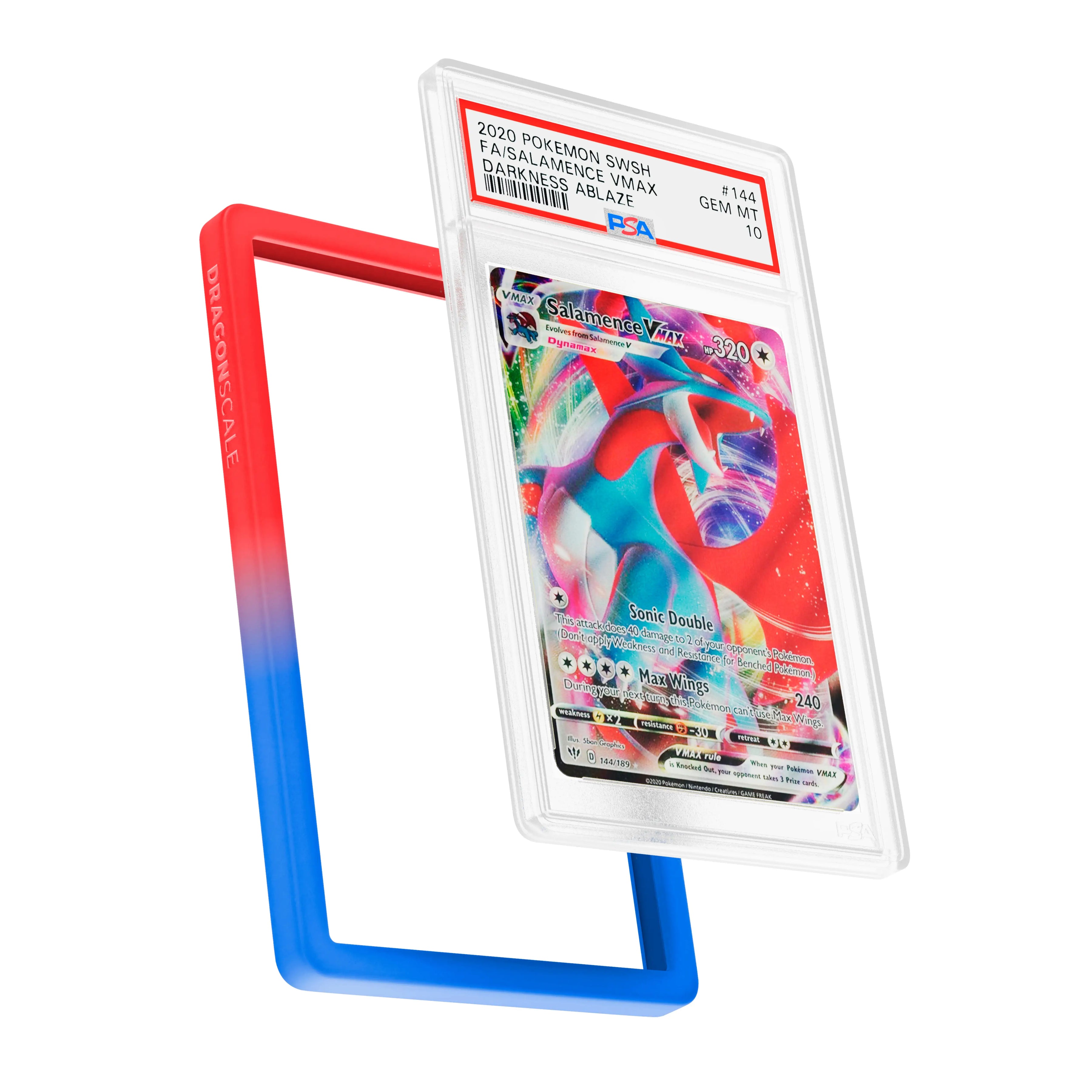 Display and demo view of a PSA slab in Gradient Tempest Dragonscale bumper guard, featuring a Salamance VMAX Darkness Ablaze PSA 10 Pokemon card.