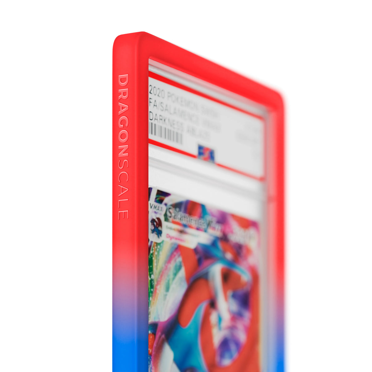 Close up logo zoom view of a PSA slab in Gradient Tempest Dragonscale bumper guard, featuring a Salamance VMAX Darkness Ablaze PSA 10 Pokemon card.