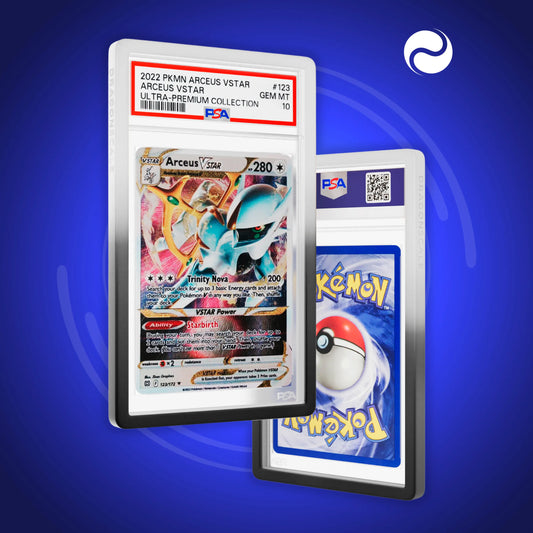 Front and back view of a PSA slab in Gradient Twilight Dragonscale bumper guard, featuring a Arceus VStar Ultra-Premium PSA 10 Pokemon card.