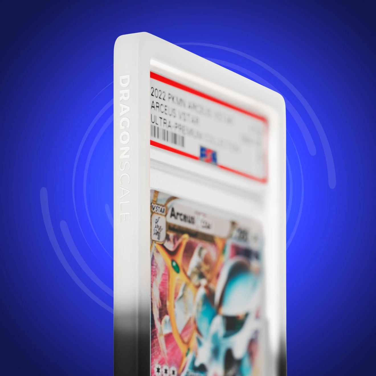 Close up logo zoom view of a PSA slab in Gradient Twilight Dragonscale bumper guard, featuring a Arceus VStar Ultra-Premium PSA 10 Pokemon card.