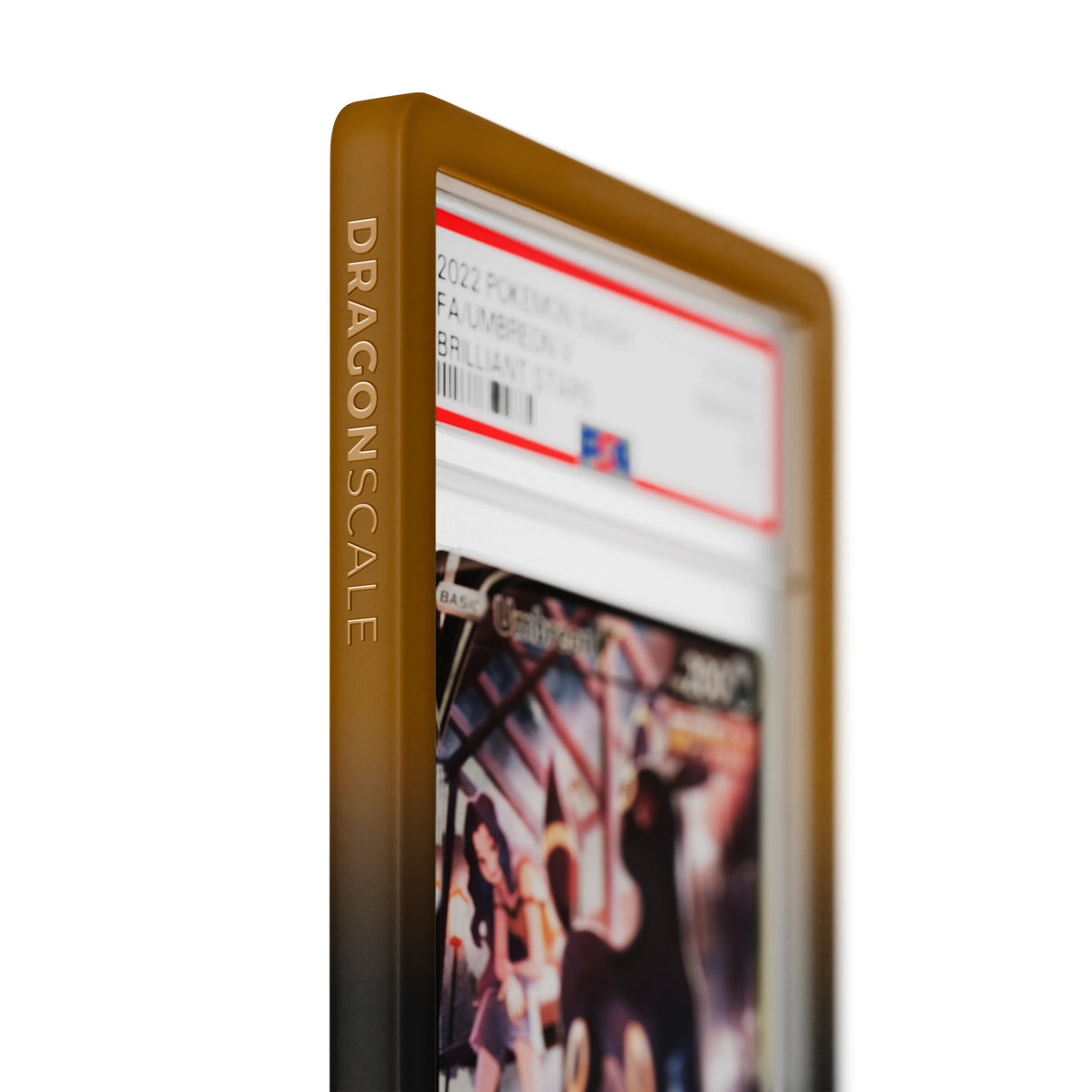 Close up logo zoom view of a PSA slab in Gradient Umbra Dragonscale bumper guard, featuring a Umbreon V Brilliant Stars PSA 10 Pokemon card.
