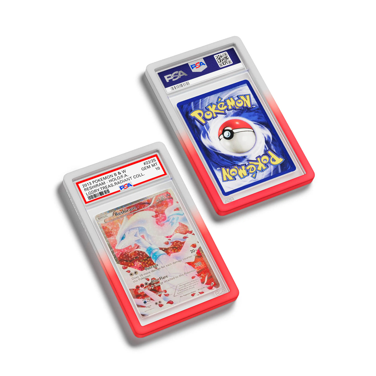 Top-down flat view of a PSA slab in Gradient Valor Dragonscale bumper guard, featuring a Reshiram  Legendary Treasures  PSA 10 Pokemon card.
