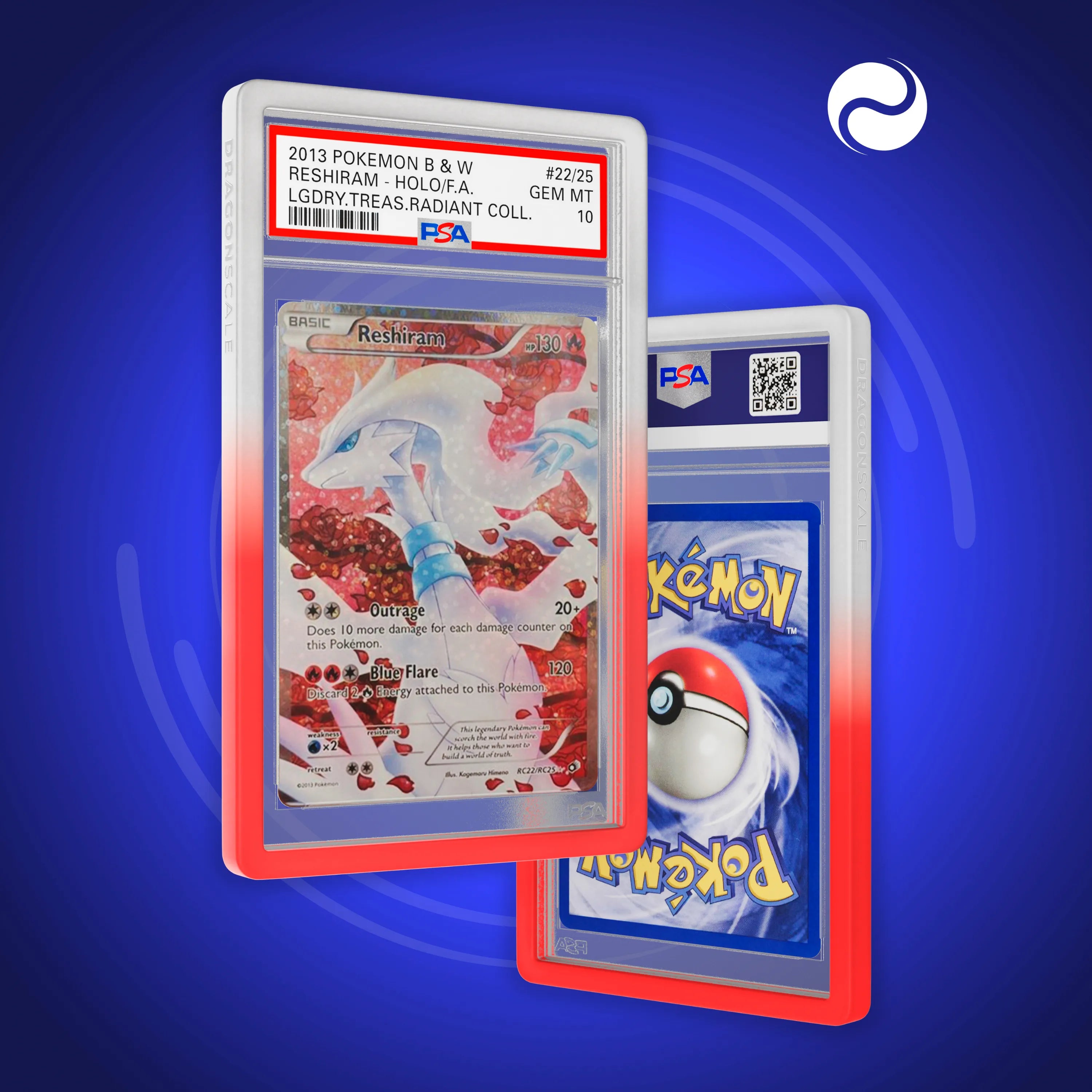 Front and back view of a PSA slab in Gradient Valor Dragonscale bumper guard,featuring a Reshiram  Legendary Treasures  PSA 10 Pokemon card.
