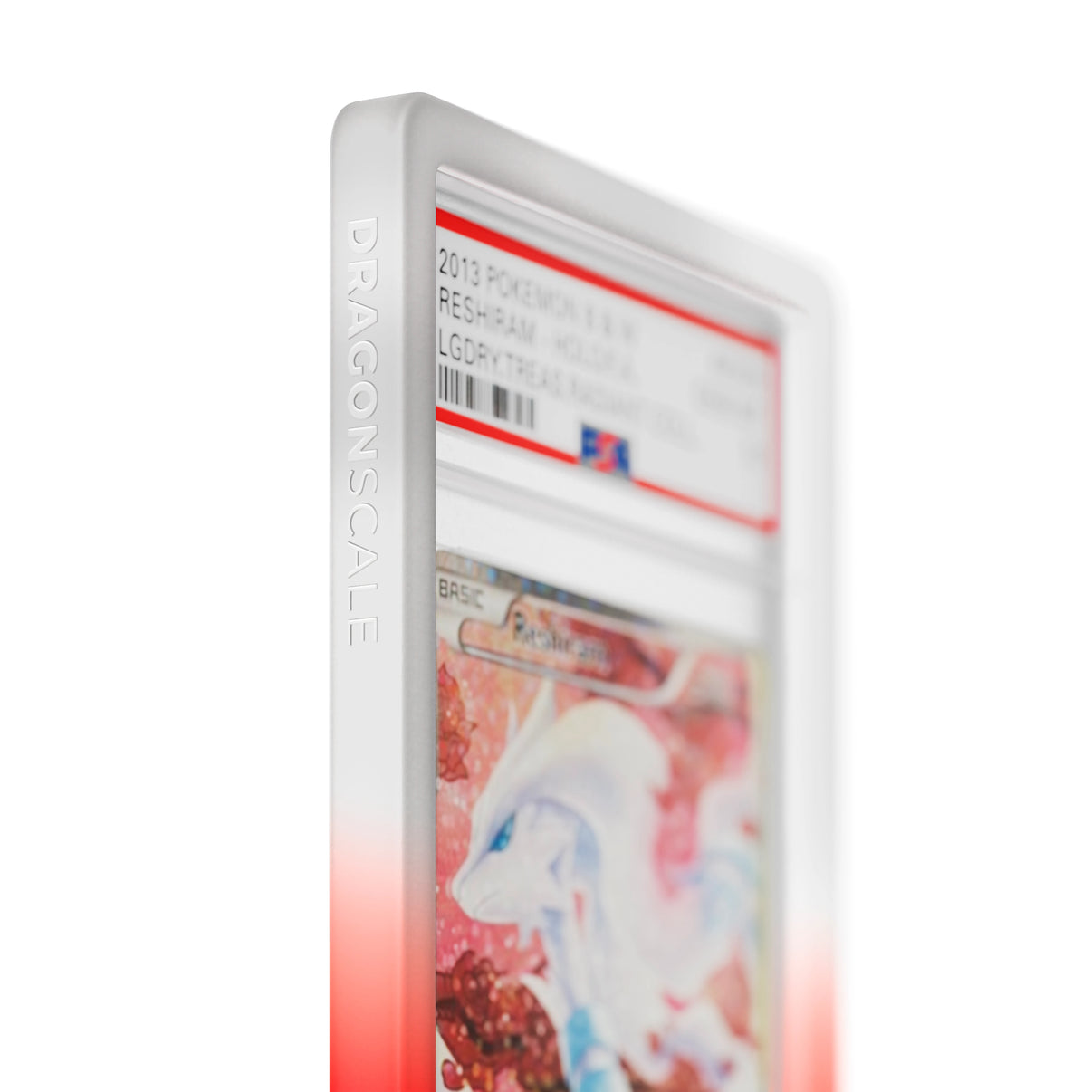 Close up logo zoom view of a PSA slab in Gradient Valor Dragonscale bumper guard, featuring a Reshiram  Legendary Treasures PSA 10 Pokemon card.