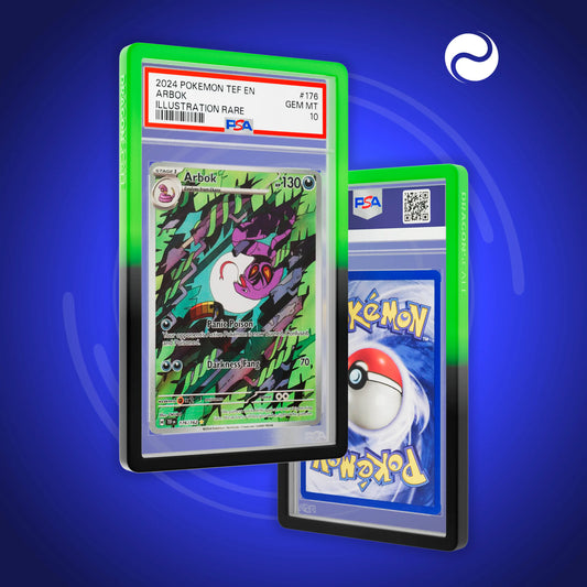 Front and back view of a PSA slab in Gradient Venom Dragonscale bumper guard, featuring a Arbok Temporal Forces PSA 10 Pokemon card.