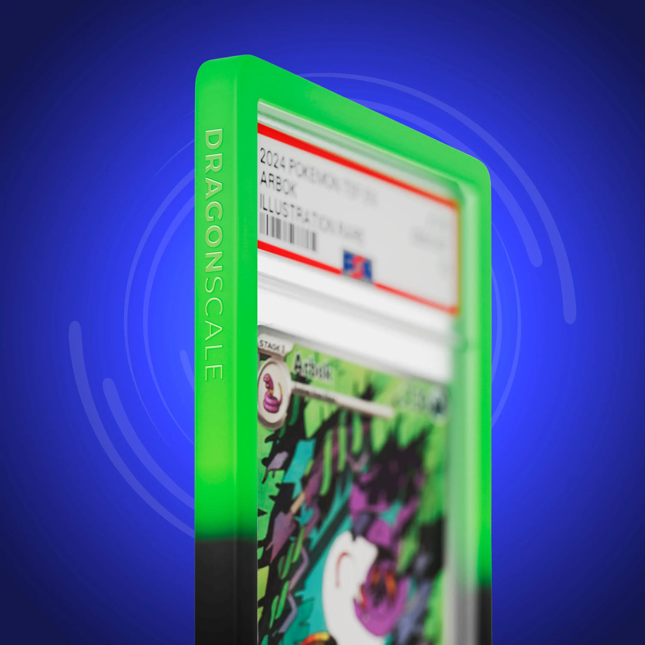 Close up logo zoom view of a PSA slab in Gradient Venom Dragonscale bumper guard, featuring a Arbok Temporal Forces PSA 10 Pokemon card.