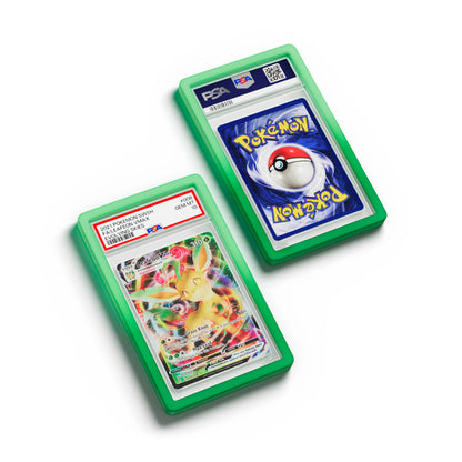 Top-down flat view of a PSA slab in Gradient Verdant Dragonscale bumper guard, featuring a Leafeon VMAX Evolving Skies PSA 10 Pokemon card.