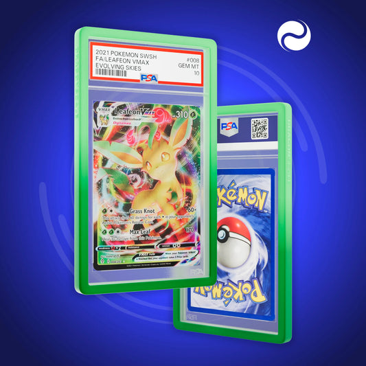Front and back view of a PSA slab in Gradient Verdant Dragonscale bumper guard, featuring a Leafeon VMAX Evolving Skies PSA 10 Pokemon card.